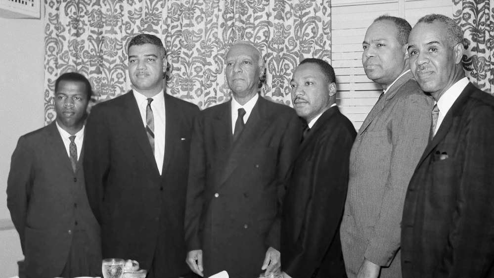 The six leaders of the March on Washington (from L to R): John Lewis, Whitney Young Jr., A. Phillip Randolph, Martin Luther King Jr., James Farmer Jr., Roy Wilkins
